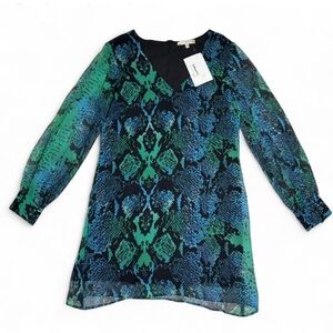 Lavender Brown Womens Blue Snake Print Shift Dress‎ size Medium Long Sleeve Silk